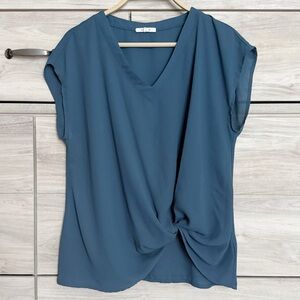 Pleione Chiffon Twist Front V-Neck Blouse Blue Size Small